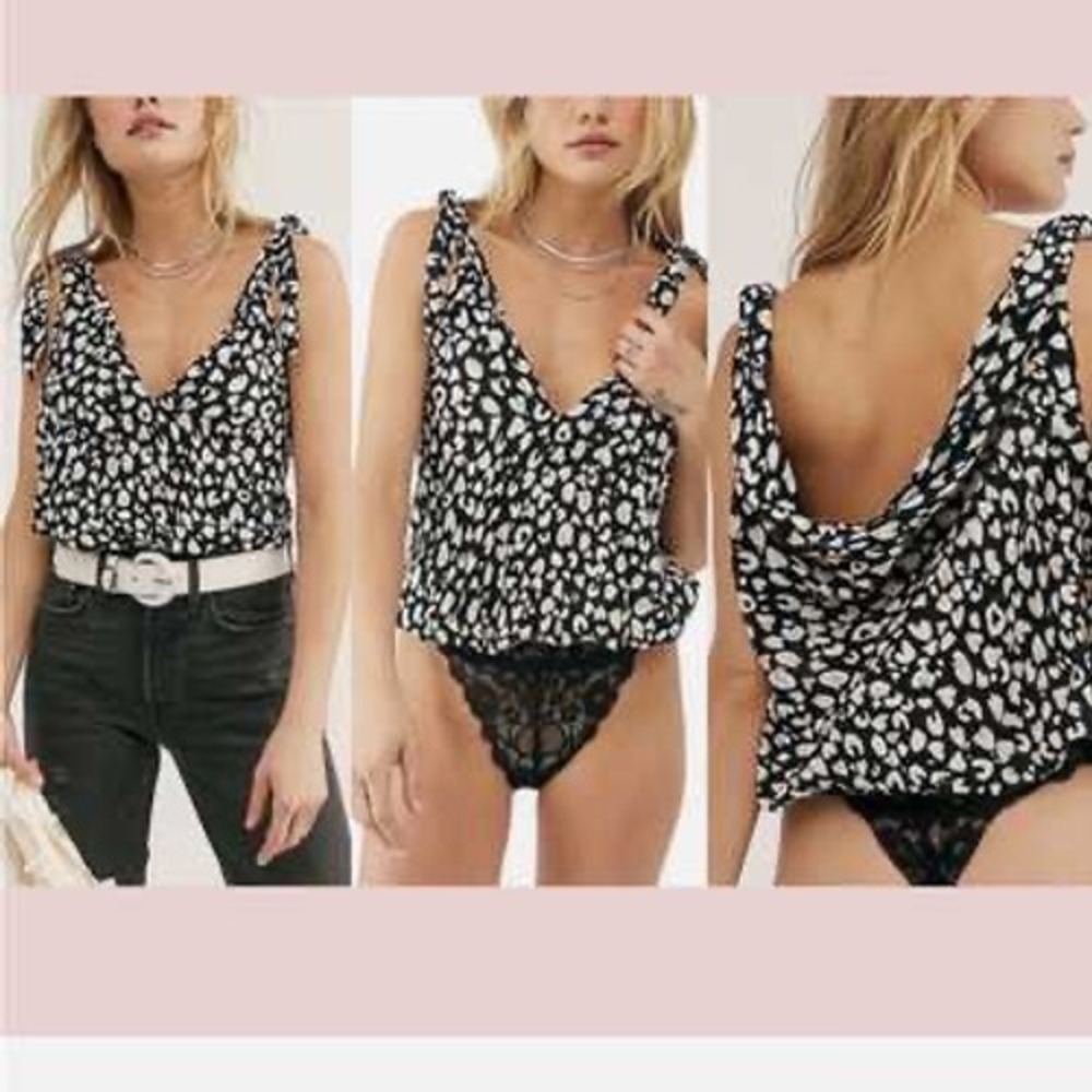 Free People Intimately Bodysuit Large Black Leopard Bare it All Tie Lace Boho